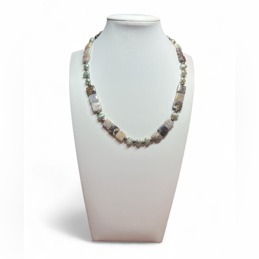 Natural Stone Beaded Metallic Faux Pearl Earth‎ Tone Boho Nature Necklace